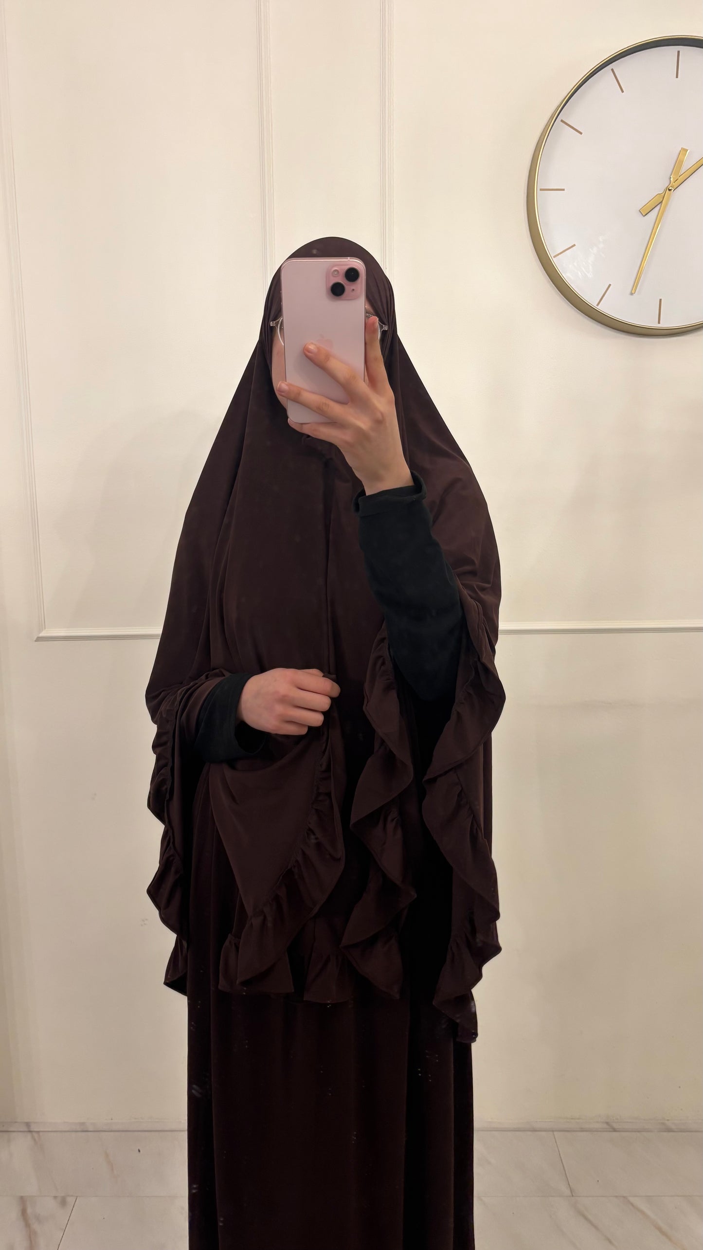 Premium Jersey (knie)Khimaar Ruffle set met Rok chocoladebruin