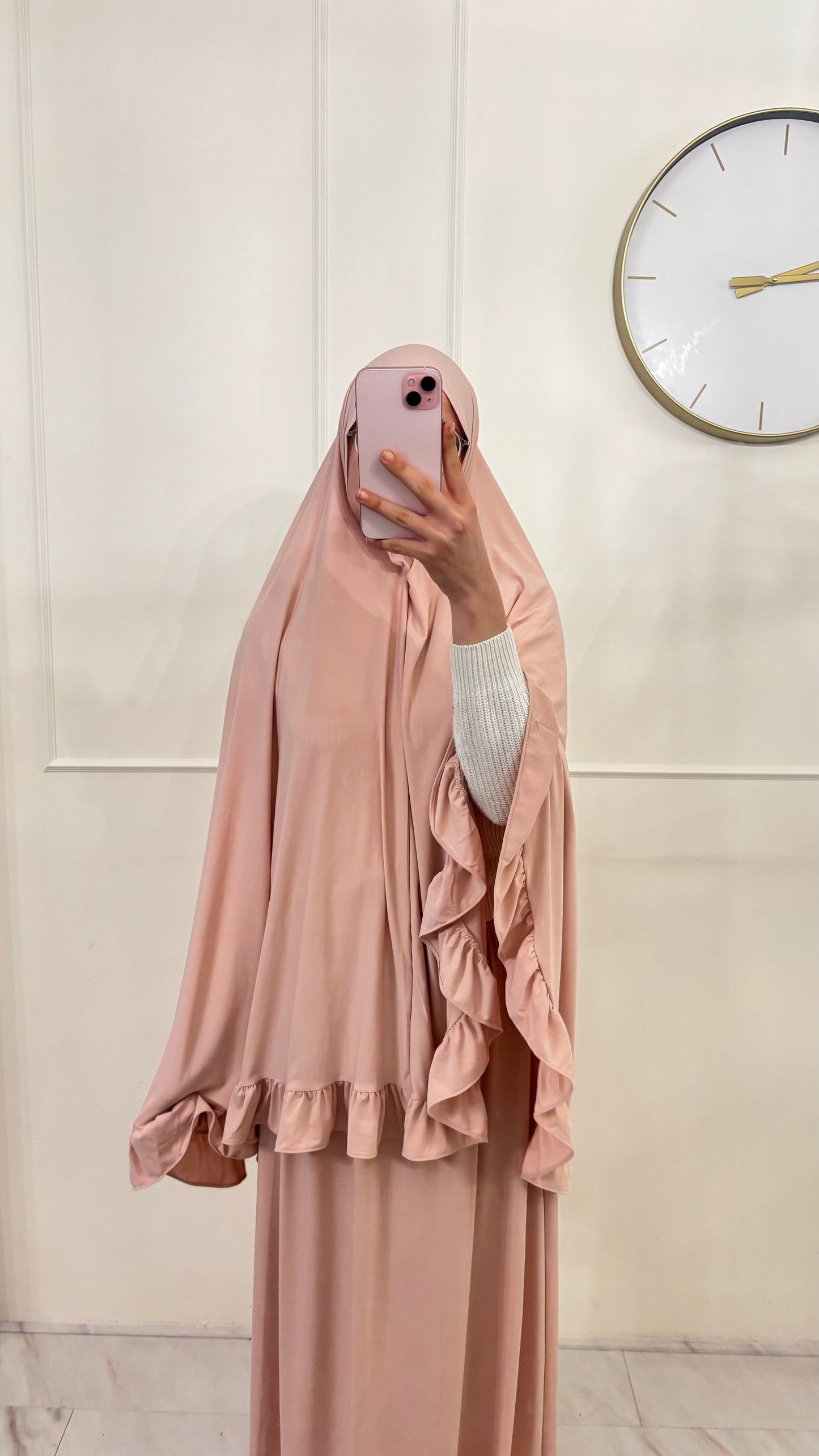 Premium Jersey (knie)Khimaar Ruffle set met Rok lichtroze