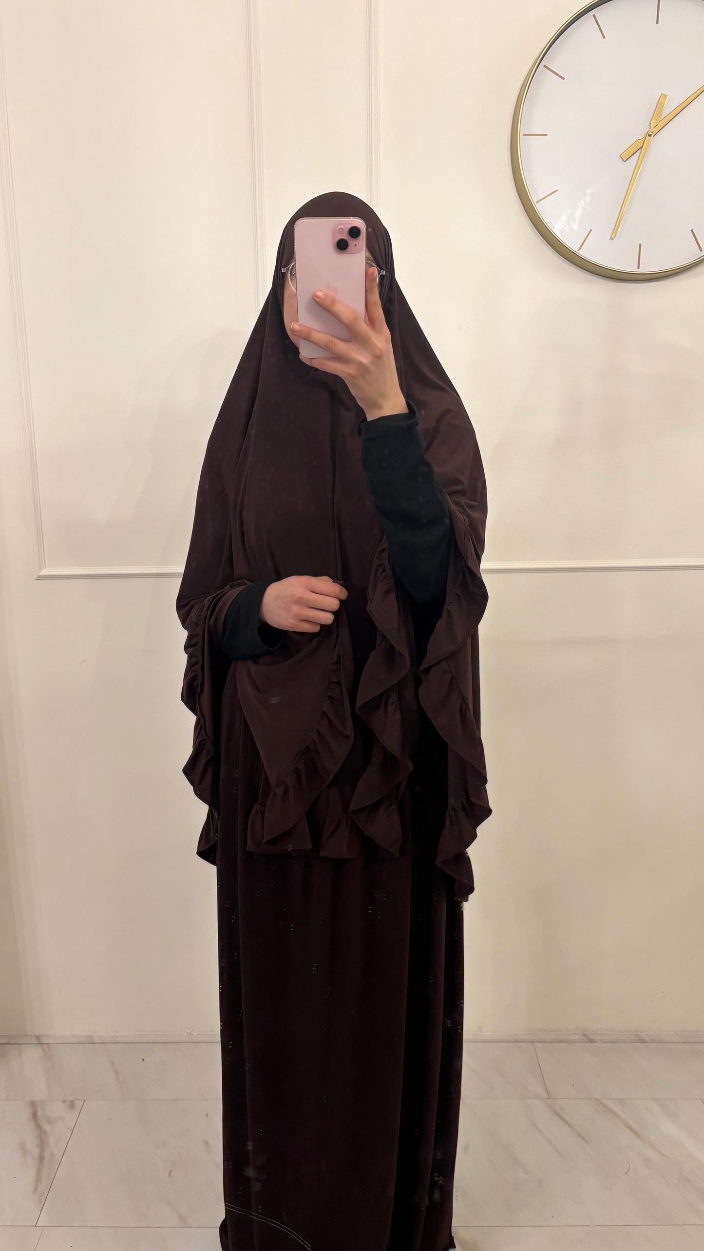 Premium Jersey (knie)Khimaar Ruffle set met Rok chocoladebruin