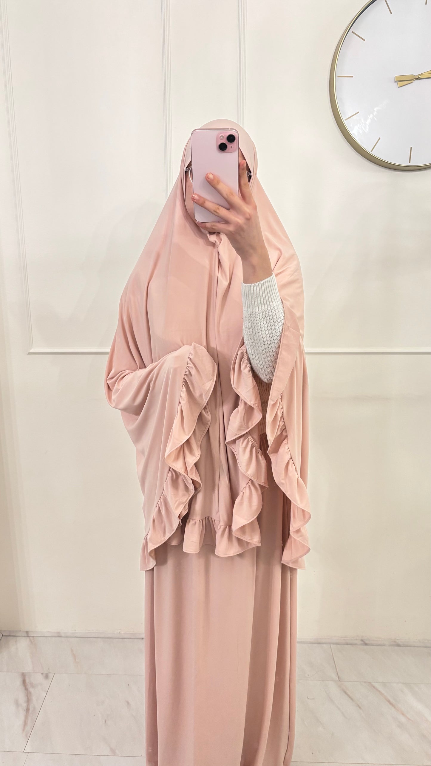 Premium Jersey (knie)Khimaar Ruffle set met Rok lichtroze