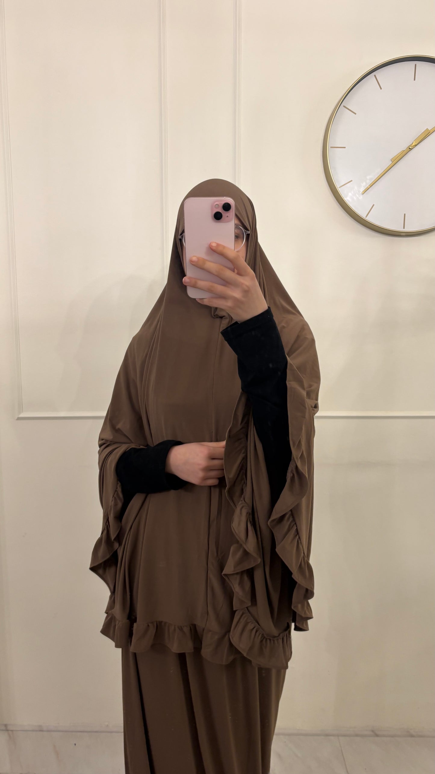 Premium Jersey (knie)Khimaar Ruffle set met Rok bruin