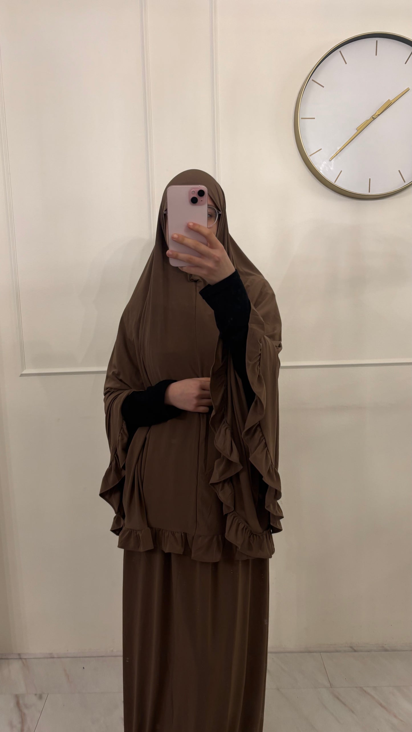 Premium Jersey (knie)Khimaar Ruffle set met Rok bruin