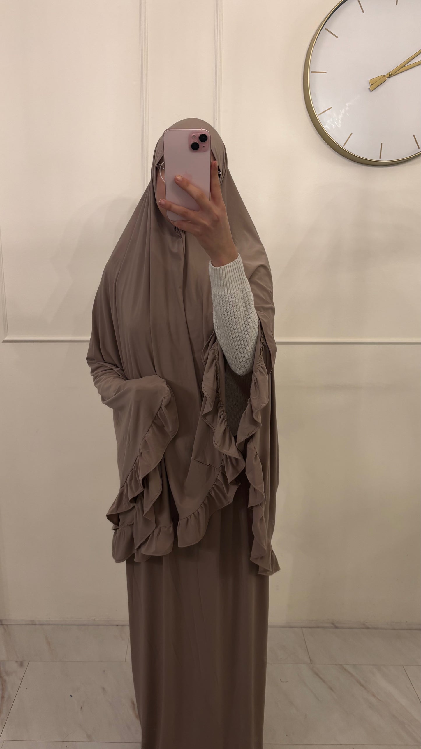 Premium Jersey (knie)Khimaar Ruffle set met Rok taupe