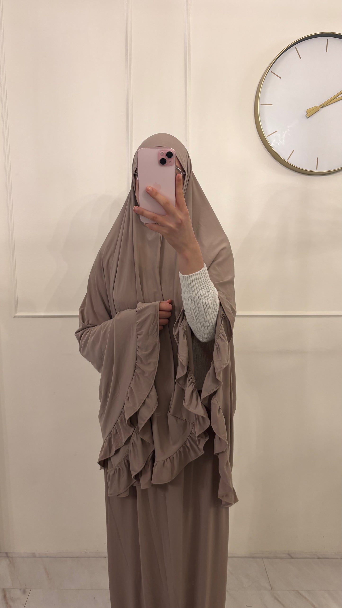 Premium Jersey (knie)Khimaar Ruffle set met Rok taupe