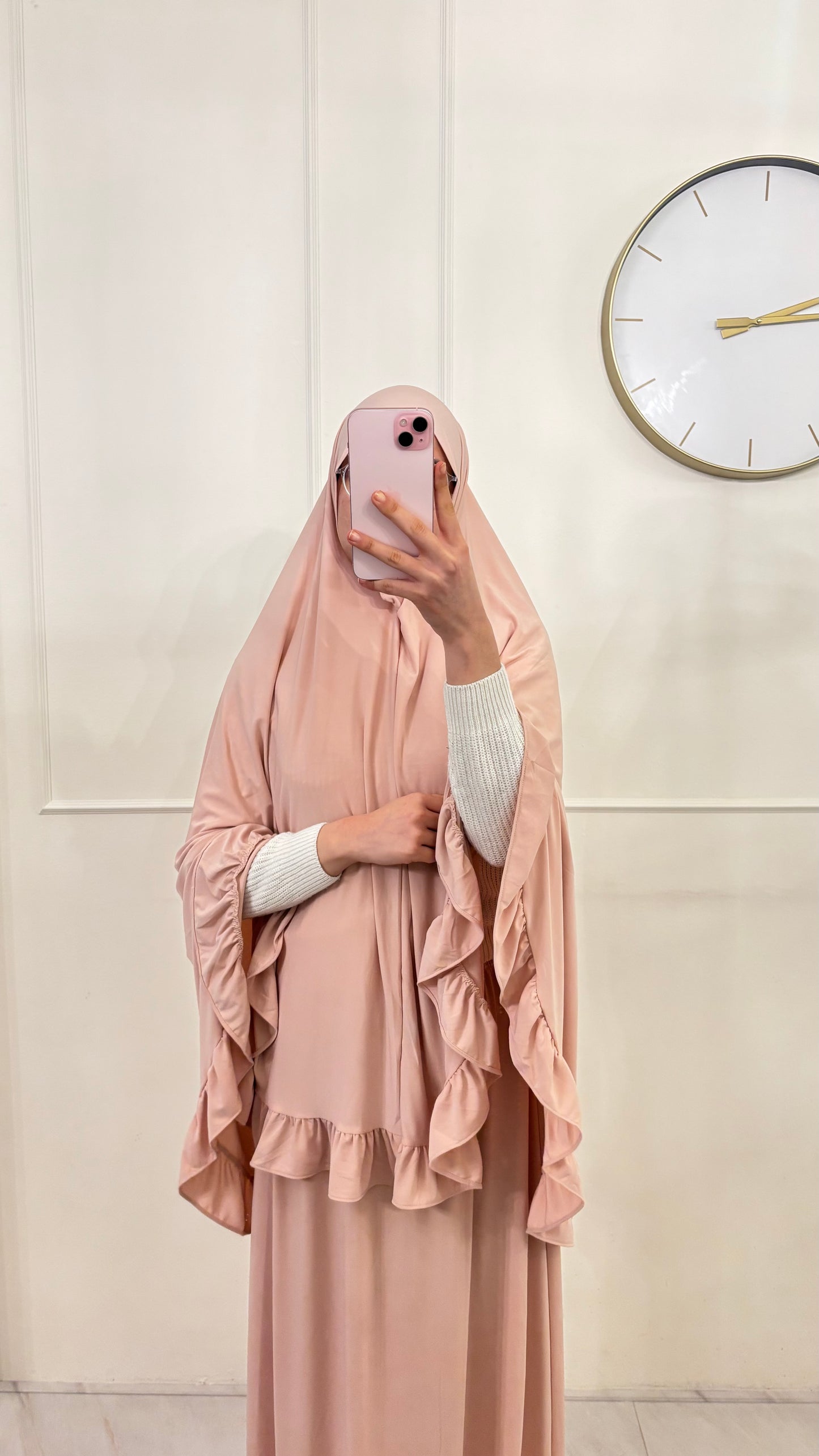 Premium Jersey (knie)Khimaar Ruffle set met Rok lichtroze