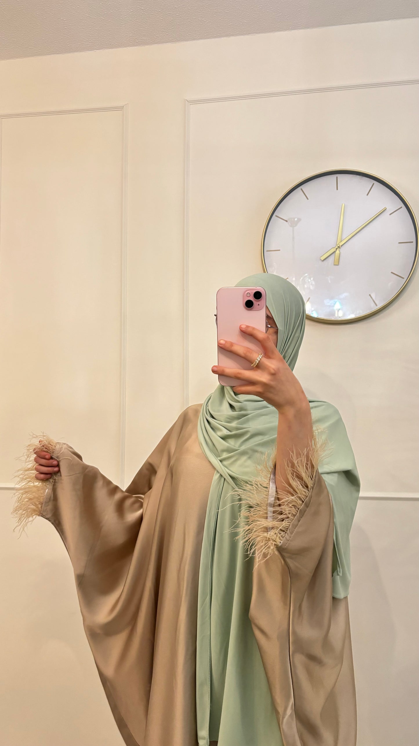 Abaya butterfly satin feather beige