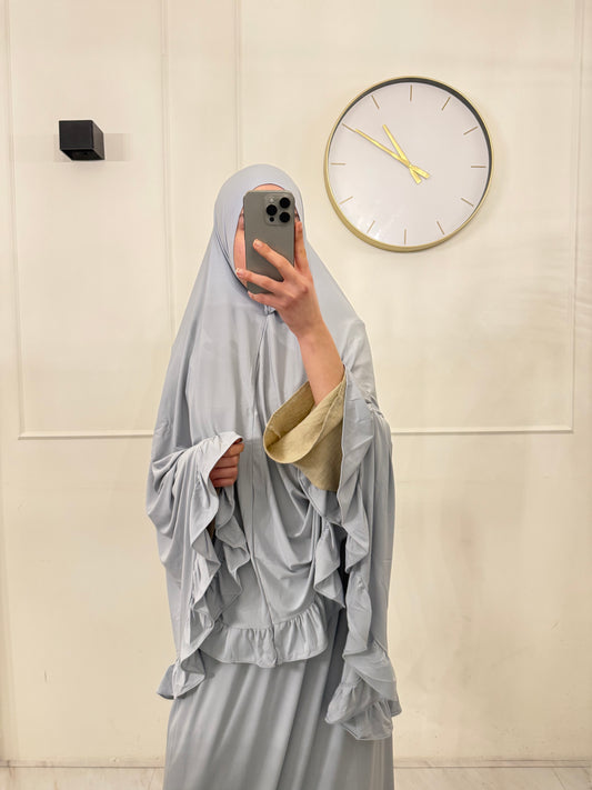 Premium Jersey (knie)Khimaar Ruffle set met Rok lichtblauw