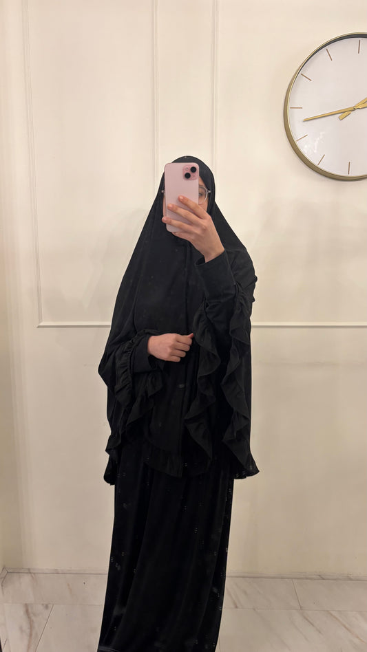 Premium Jersey (knie)Khimaar Ruffle set met Rok zwart