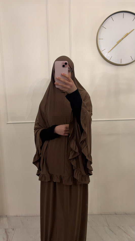 Premium Jersey (knie)Khimaar Ruffle set met Rok bruin