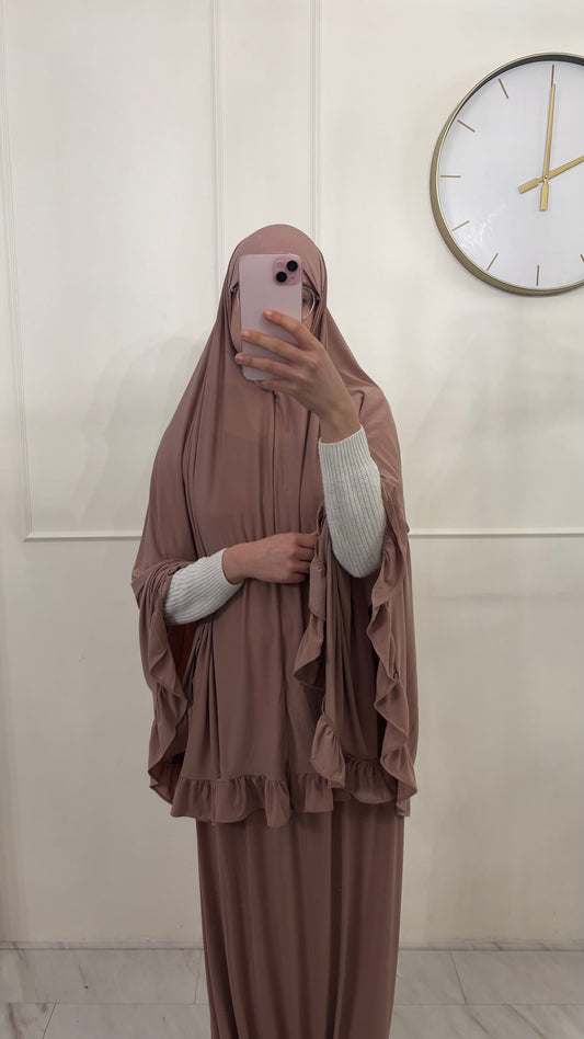 Premium Jersey (knie)Khimaar Ruffle set met Rok oudroze