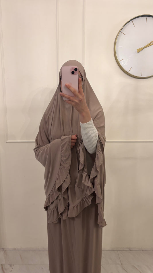 Premium Jersey (knie)Khimaar Ruffle set met Rok taupe