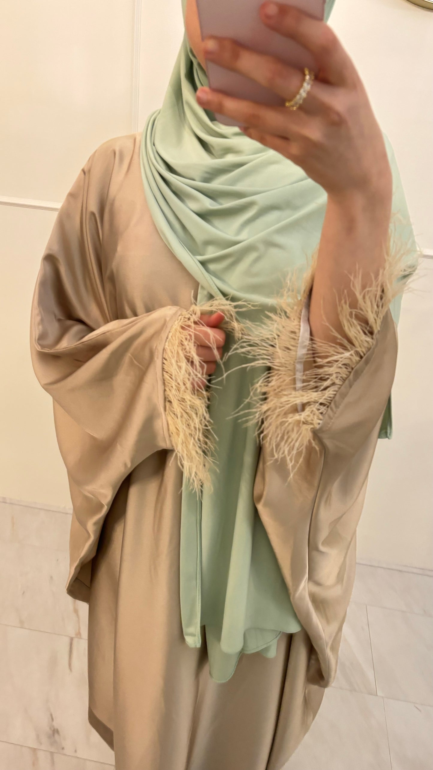 Abaya butterfly satin feather beige