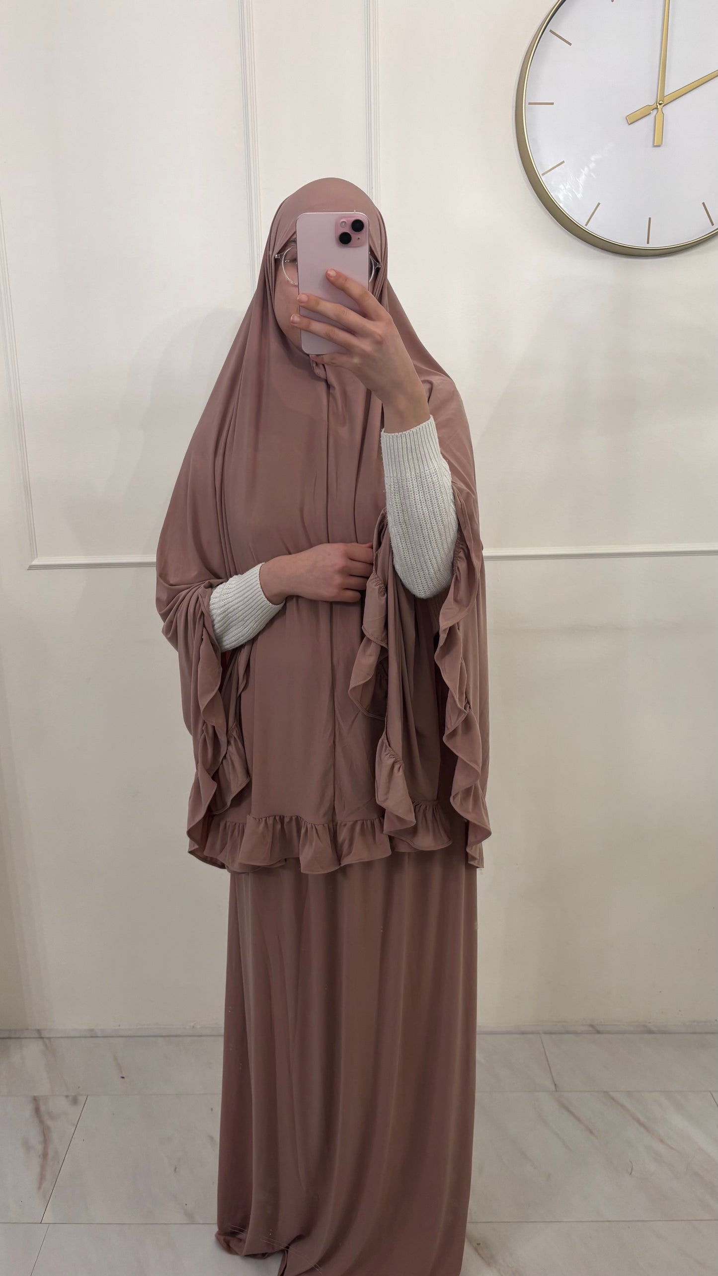 Premium Jersey (knie)Khimaar Ruffle set met Rok oudroze