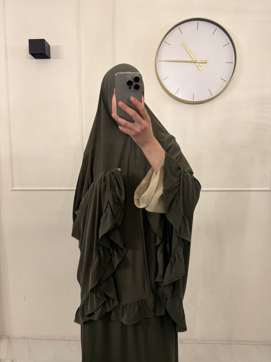 Premium Jersey (knie)Khimaar Ruffle set met Rok donkergroen