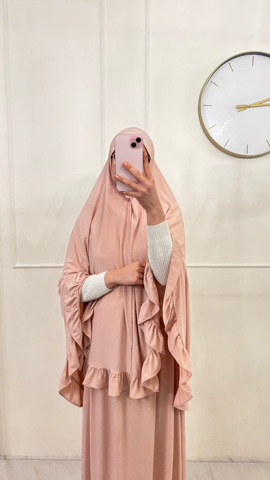 Premium Jersey (knie)Khimaar Ruffle set met Rok lichtroze
