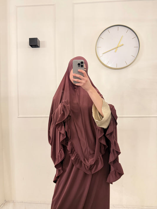 Premium Jersey (knie)Khimaar Ruffle set met Rok burgundy